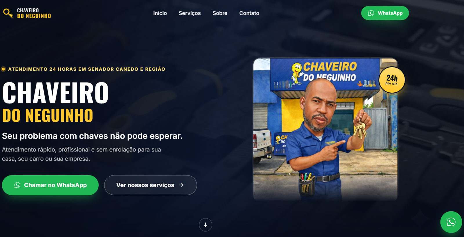Página inicial do site Chaveiro do Neguinho